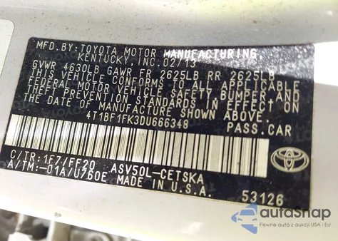 2013 Toyota Camry Se из США, поврежденный, VIN 4T1BF1FK3DU666348